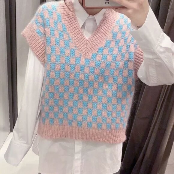 Zara Pink Blue Wool Blend Knit Vest V-neckline Checkerboard S Preppy Classic - Picture 4 of 15